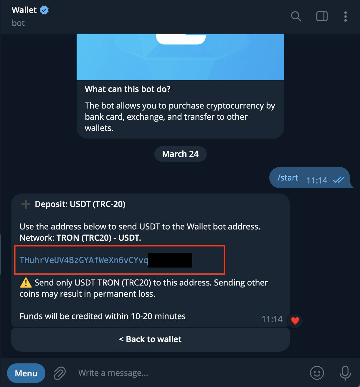 Hướng dẫn sử dụng Wallet trên ứng dụng chat Telegram để chuyển USDT