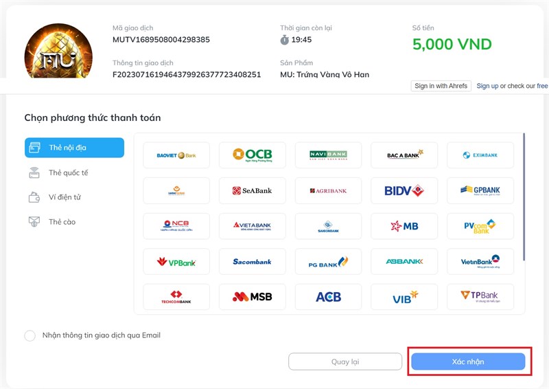 Bước 6: Chọn ngân hàng hoặc ví điện tử để thanh toán