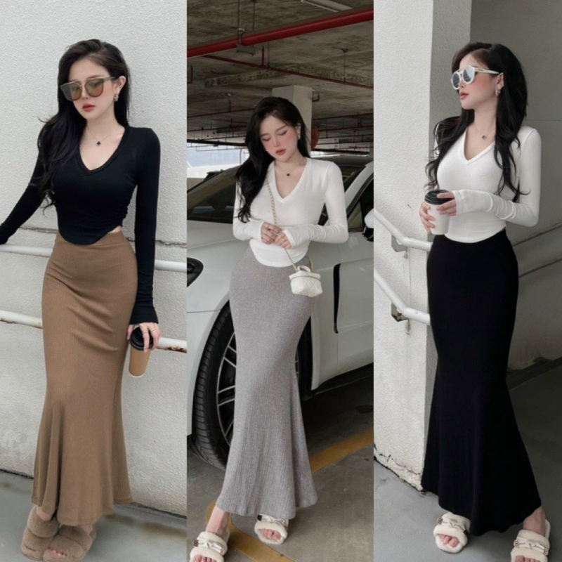 Chân váy đuôi cá dài dáng công sở, chất thun ôm, kiểu dài qua gối, phong  cách hàn quốc, màu đen | Shopee Việt Nam