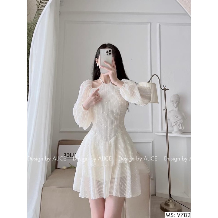 Váy Ren Nữ Tiểu Thư Dáng Xòe ALICE Phối Tơ Nến Lót Lụa, Thiết Kế Trễ Vai Sang  Chảnh V799 - Váy Fashion
