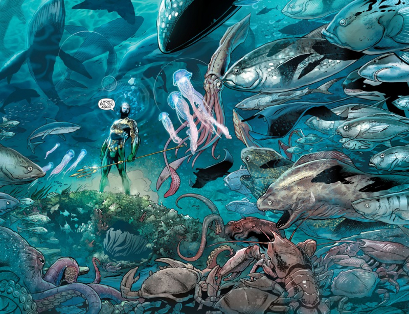 Create a striking 2D illustration of Aquaman in a dynamic underwater scene.  Showcasing his regal presence,