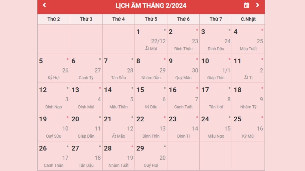 Bảng lịch âm tháng 2 năm 2024 - Kiểm tra ngày âm hôm nay