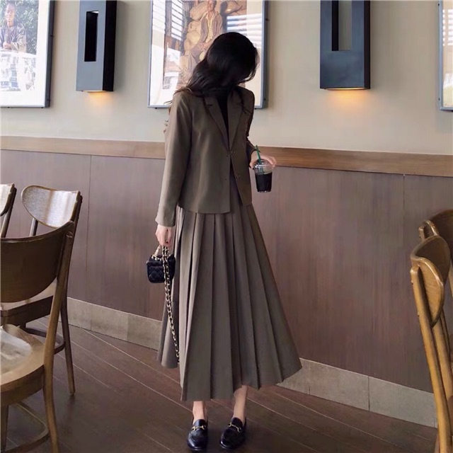B8357B31 - Bộ Vest đen: Áo cổ K thắt đai eo + Chân váy ôm Thời trang nữ  Toson