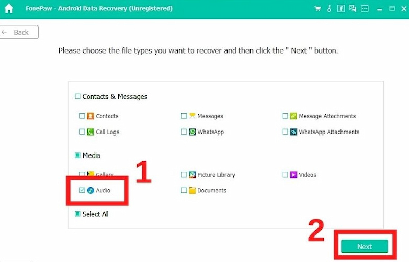 Bí quyết khôi phục ghi âm đã xóa trên điện thoại Android và iPhone 4 Chọn mục Audio để khôi phục file ghi âm đã xóa trên Android