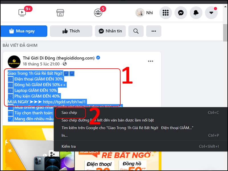 Sao chép bài viết trên Facebook từ điện thoại, máy tính