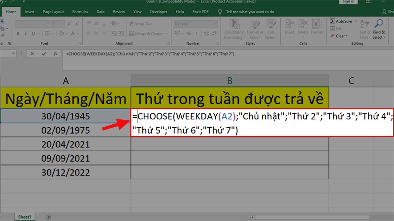 Hướng dẫn sử dụng hàm CHOOSE và WEEKDAY tính thứ trong tuần trên Excel