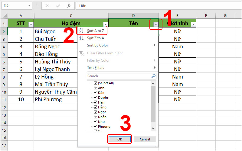 Hướng dẫn cách sắp xếp tên theo thứ tự ABC trong Excel một cách đơn giản, dễ dàng