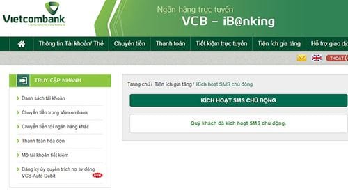 Kích hoạt tính năng nhận tin nhắn tự động từ Vietcombank