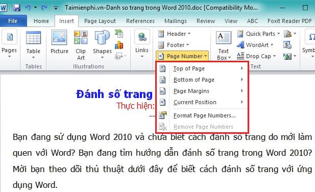 Cách đánh số trang trong Word 2010 linh hoạt theo ý muốn