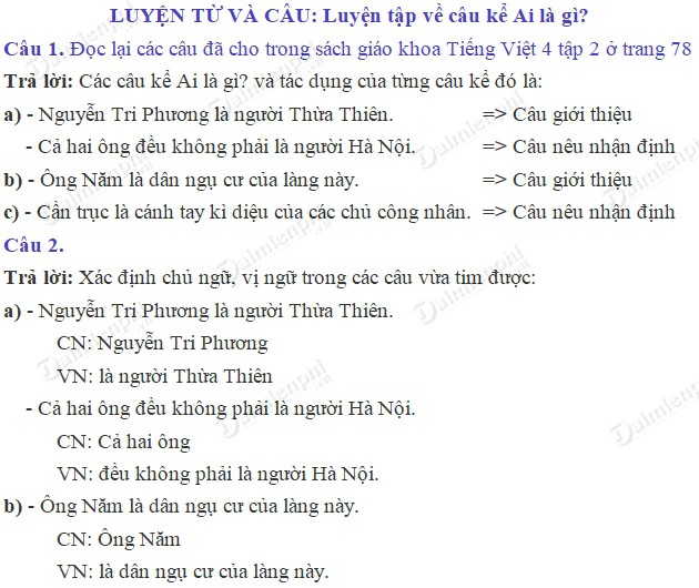 Luyện tập về câu kể Ai là gì? Trang 78