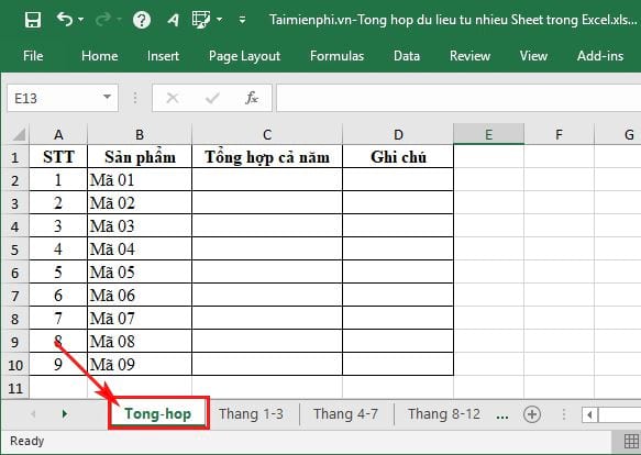 Tổng hợp dữ liệu từ nhiều Sheet trong Excel