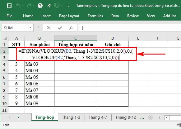 Tổng hợp dữ liệu từ nhiều Sheet trong Excel