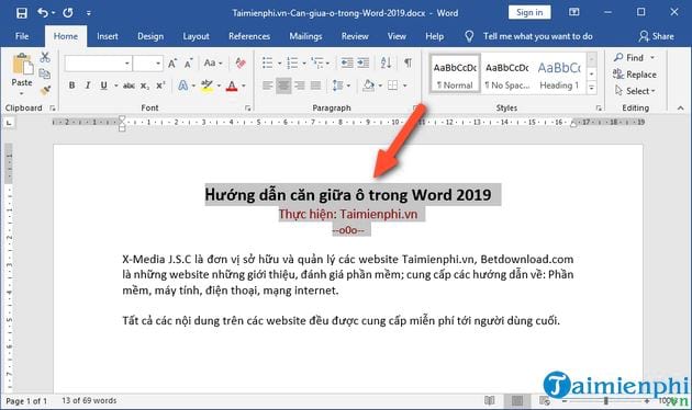 Bí quyết căn giữa ô trong Word 2019