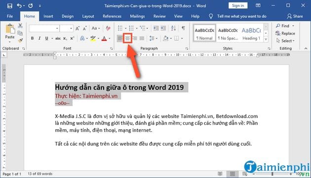 Bí quyết căn giữa ô trong Word 2019