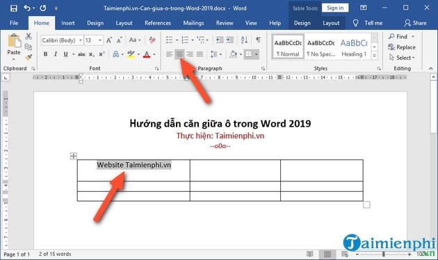 Bí quyết căn giữa ô trong Word 2019