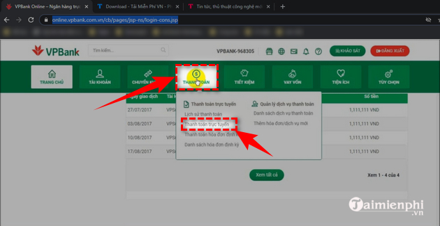 Hướng dẫn thanh toán hóa đơn tiền điện qua VPbank online