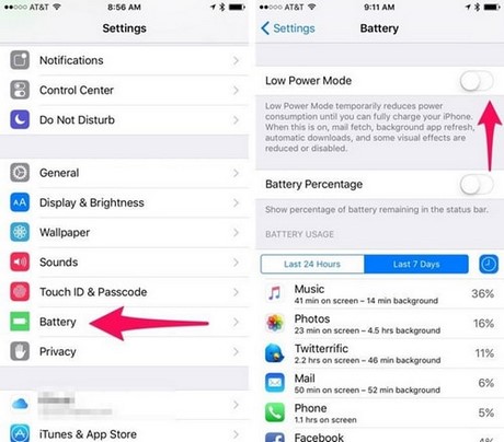 Cách tiết kiệm pin cho iPhone 6 plus, 6, ip 5s, 5, 4s khi chạy trên iOS 9