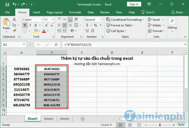 Kỹ thuật thêm ký tự vào đầu chuỗi trong Excel