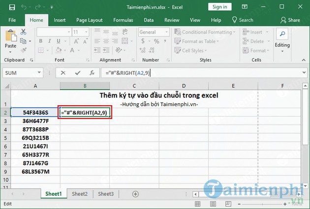 Kỹ thuật thêm ký tự vào đầu chuỗi trong Excel