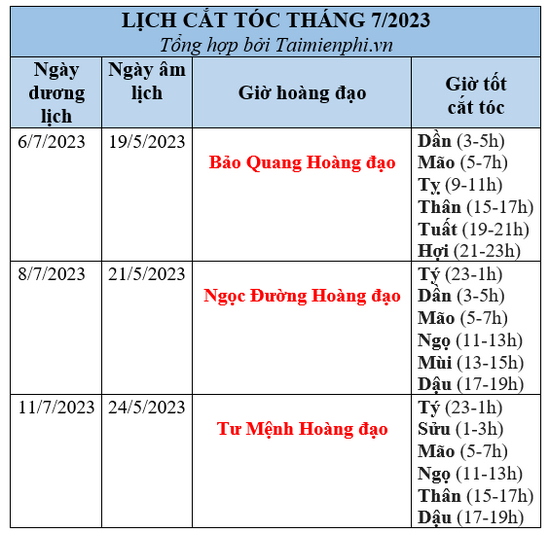 Lịch cắt tóc tháng 7/2023