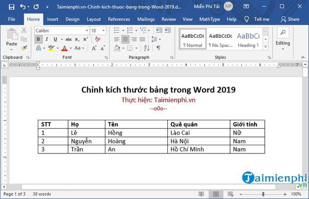 Bí quyết điều chỉnh kích thước bảng trong Word 2019