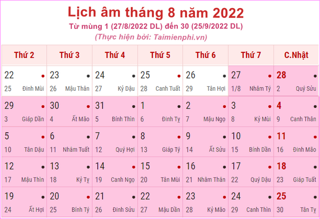 Lịch Âm tháng 8 năm 2022: Tra cứu ngày tốt xấu, giờ đẹp