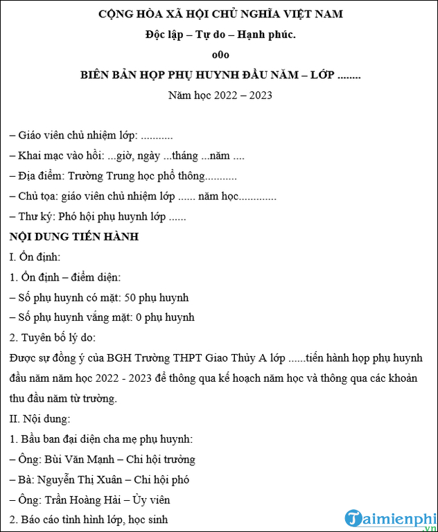 Mẫu Biên Bản Họp Phụ Huynh Học Sinh Đầu Năm