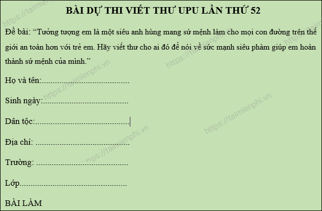 Dưới đây là một bài viết mẫu cho cuộc thi viết thư UPU lần thứ 52 năm 2023.