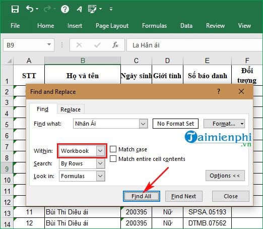 Phương pháp Tìm Tên trong Excel