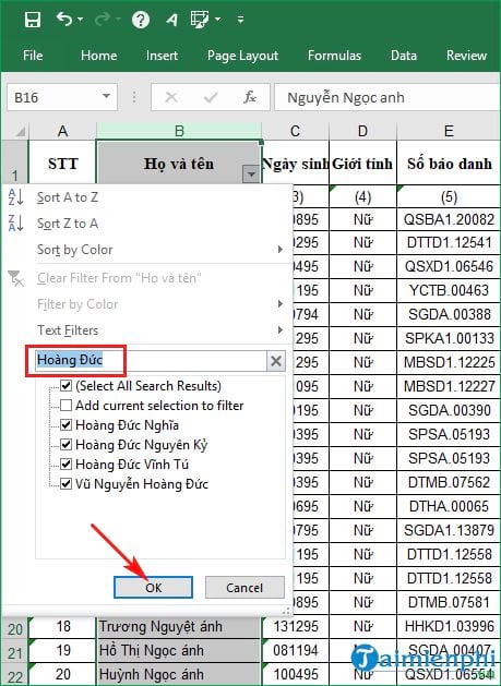 Phương pháp Tìm Tên trong Excel