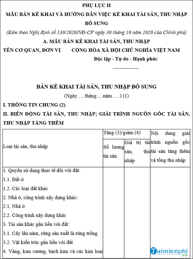 Mẫu kê khai tài sản, thu nhập mới nhất dành cho cán bộ, công chức