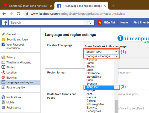Hướng dẫn chuyển đổi ngôn ngữ Facebook sang tiếng Việt trên máy tính