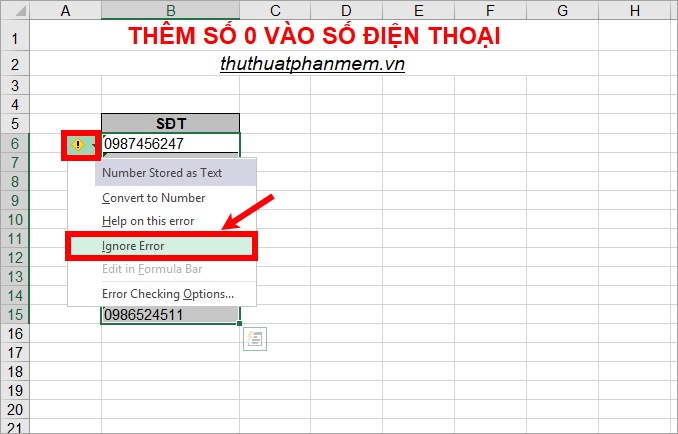 Bí quyết thêm số 0 vào số điện thoại trong Excel