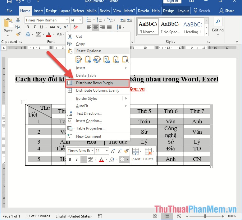 Cách điều chỉnh kích thước dòng, cột, ô đồng đều trong Word và Excel