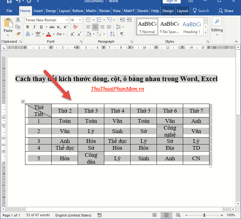 Cách điều chỉnh kích thước dòng, cột, ô đồng đều trong Word và Excel