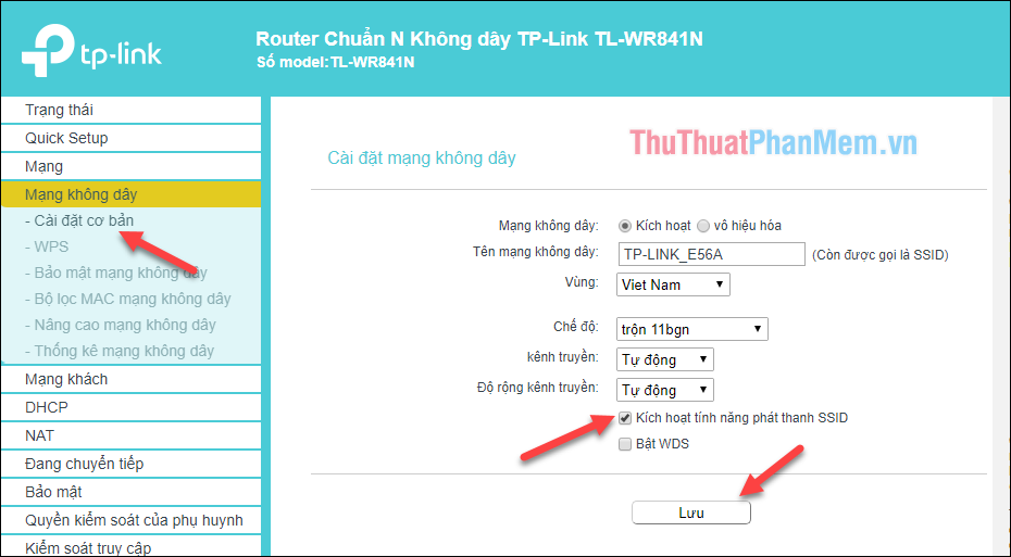 Tùy chọn ẩn SSID trong giao diện TP-Link