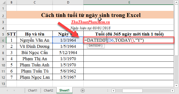 Cách tính tuổi từ ngày sinh trong Excel