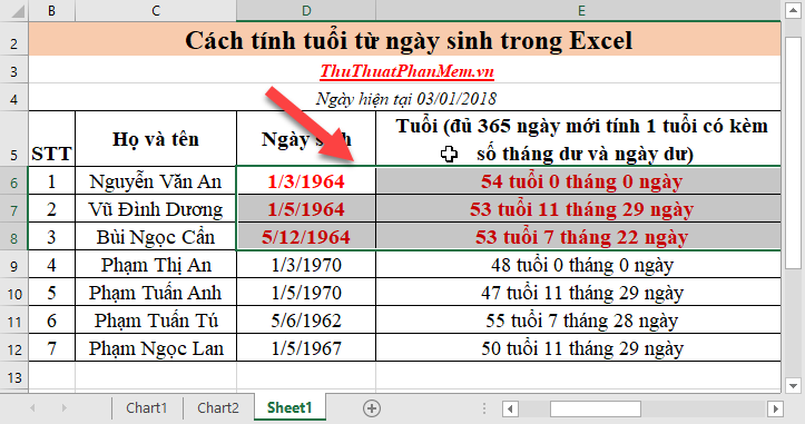 Cách tính tuổi từ ngày sinh trong Excel