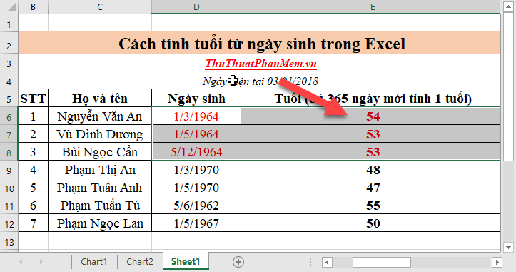 Cách tính tuổi từ ngày sinh trong Excel