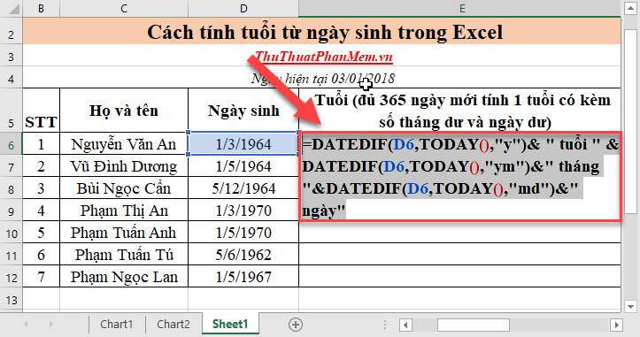 Cách tính tuổi từ ngày sinh trong Excel