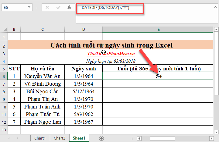 Cách tính tuổi từ ngày sinh trong Excel