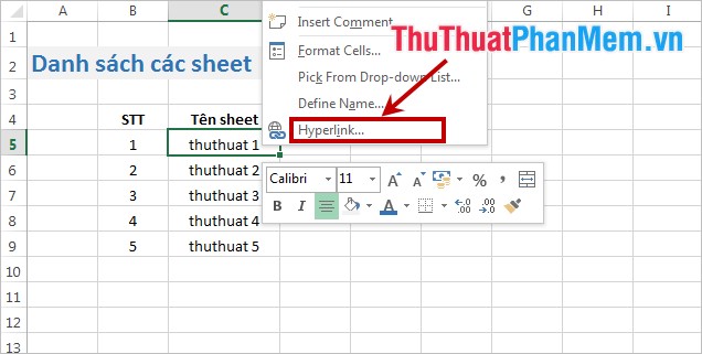 Tạo bảng điều khiển cho danh sách Sheet trong Excel