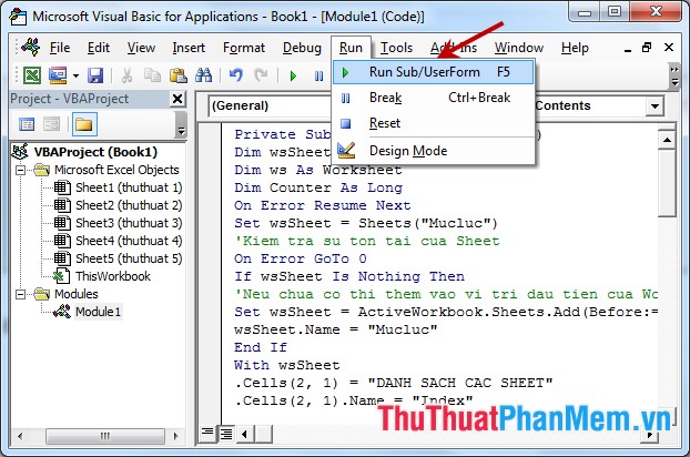 Tạo bảng điều khiển cho danh sách Sheet trong Excel