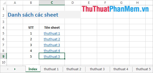 Tạo bảng điều khiển cho danh sách Sheet trong Excel