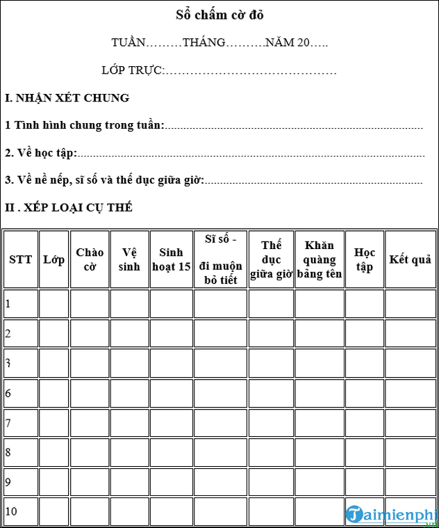 Mẫu sổ ghi điểm cờ đỏ cho học sinh tiểu học và THCS