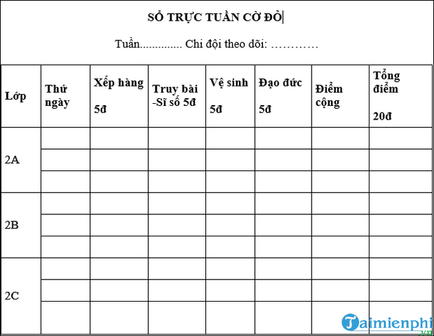 Mẫu sổ ghi điểm cờ đỏ cho học sinh tiểu học và THCS