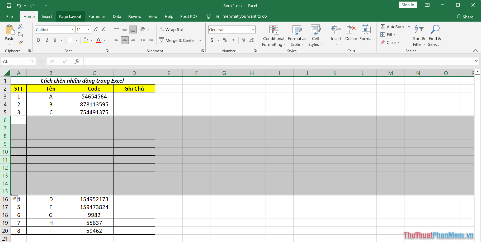 Cách chèn hàng loạt dữ liệu vào Excel