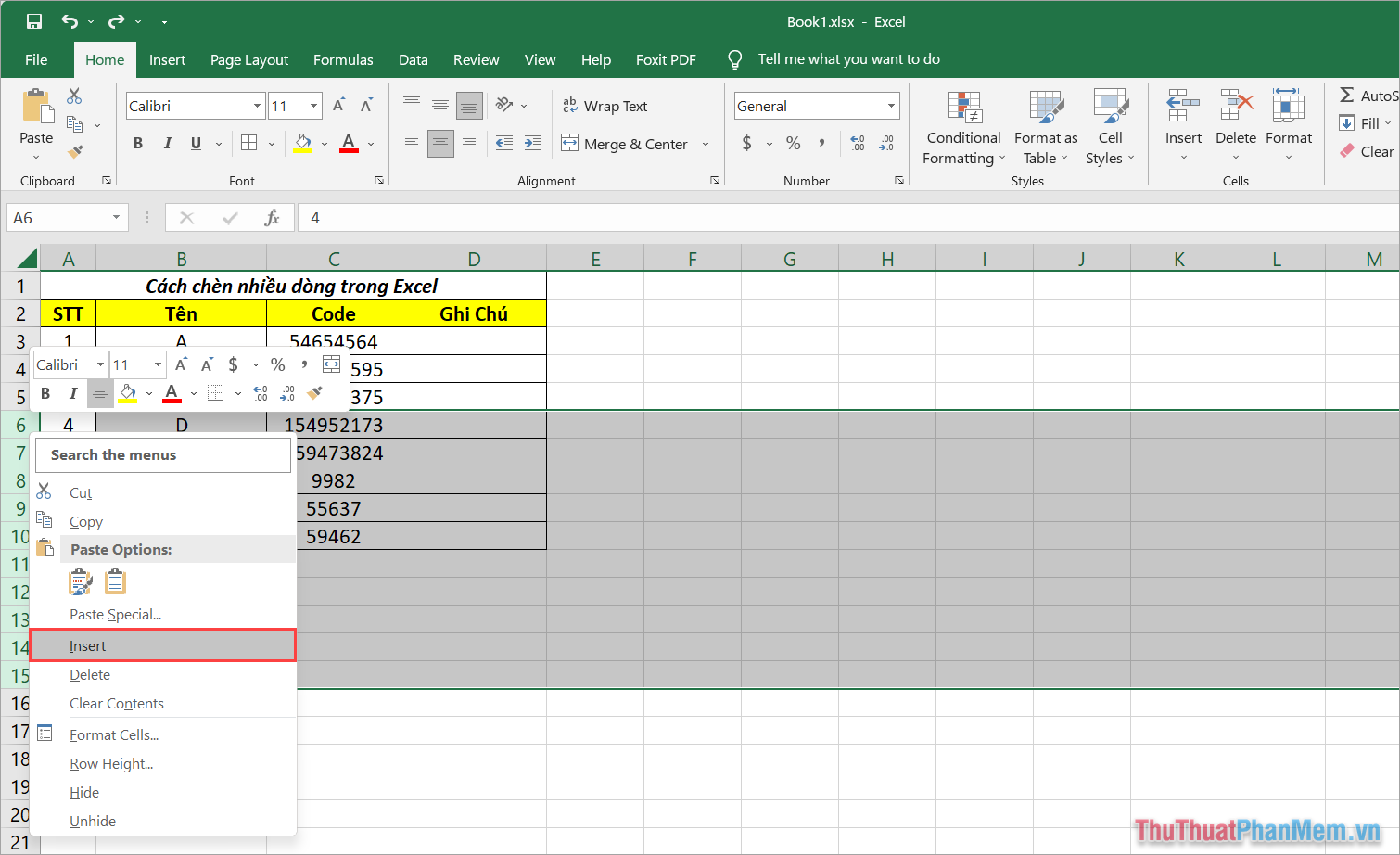 Cách chèn hàng loạt dữ liệu vào Excel