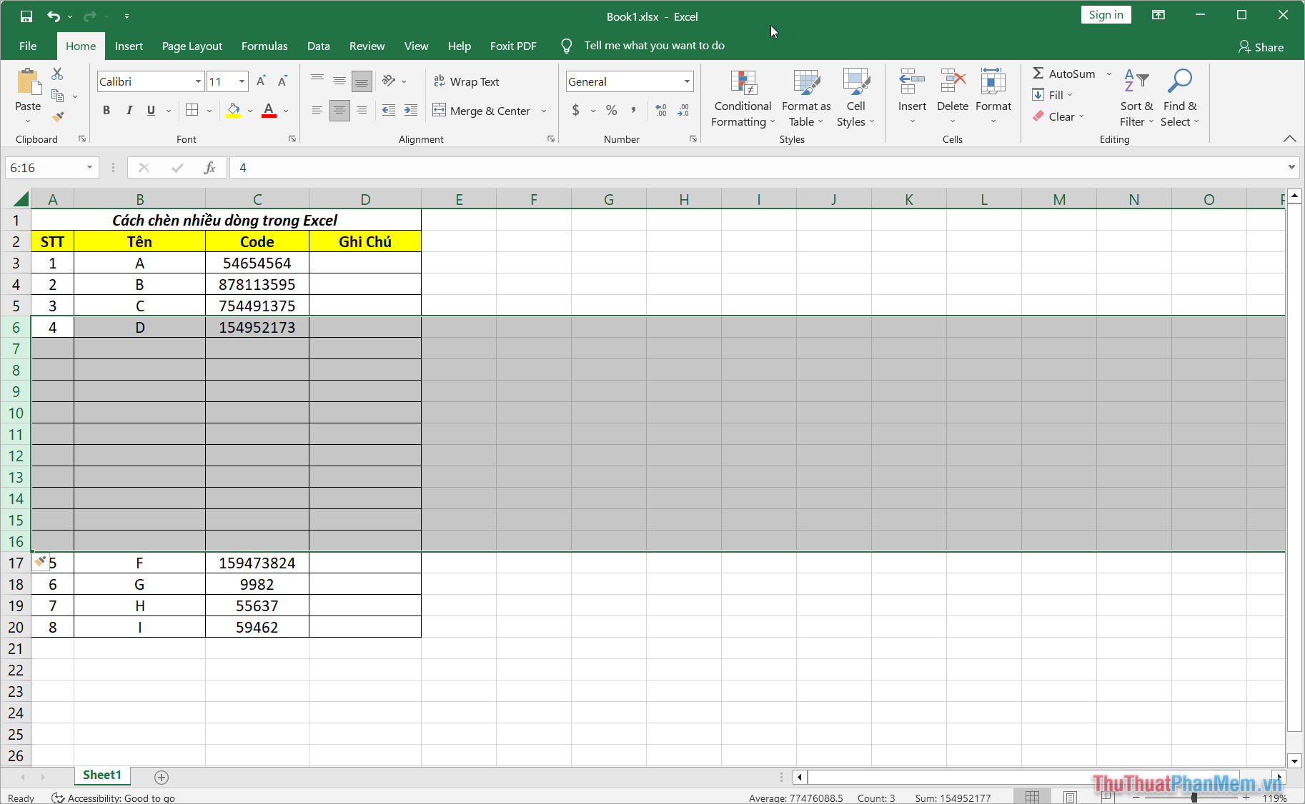 Cách chèn hàng loạt dữ liệu vào Excel