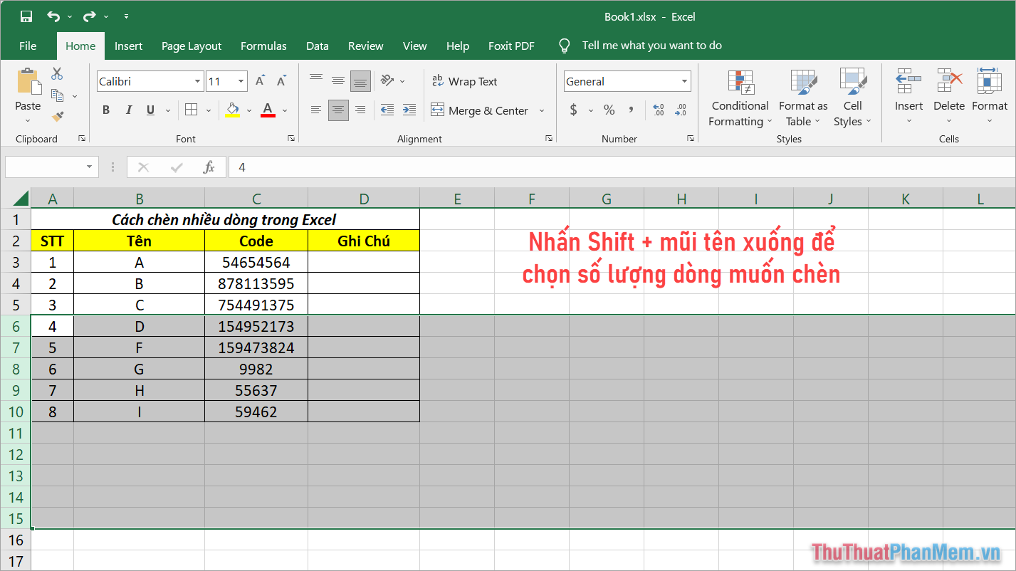 Cách chèn hàng loạt dữ liệu vào Excel